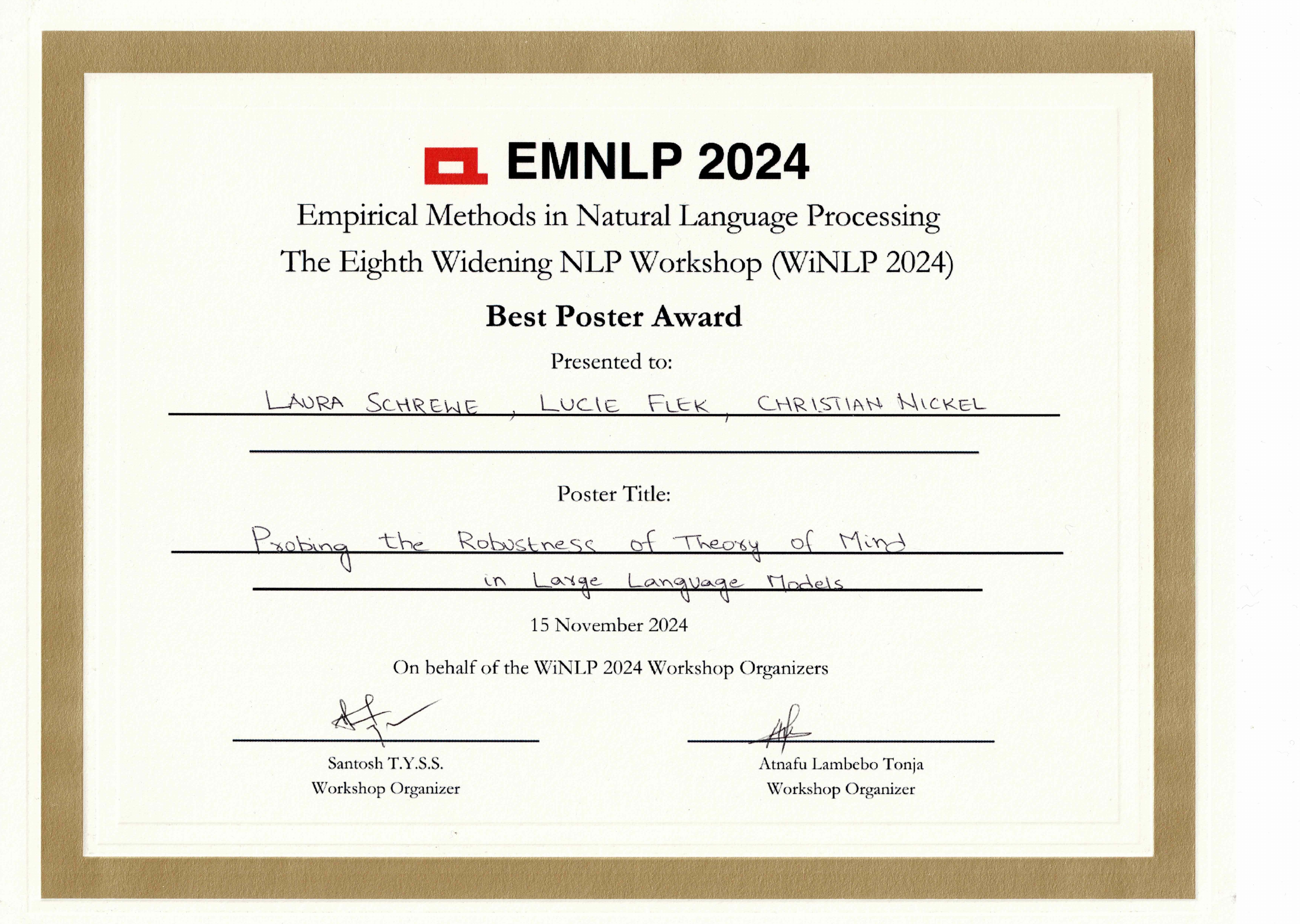 Best Poster Award at WiNLP @ EMNLP 2024